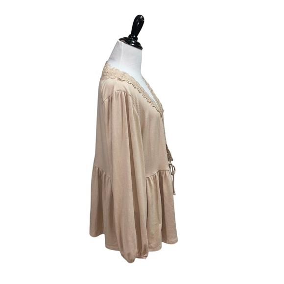 Torrid Super Soft Women's 3X Cardigan Top Frontal Tie Lace Trim Ribbed Beige - Picture 8 of 11